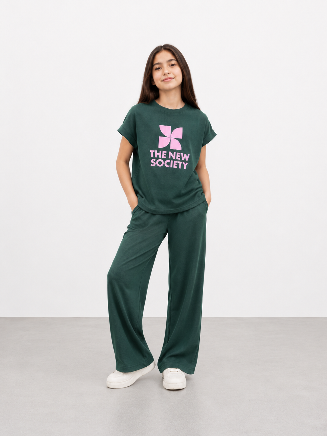 Girls Dark Green Ribbed Co-Ord Set | Graphic T-Shirt & Wide Leg Pants