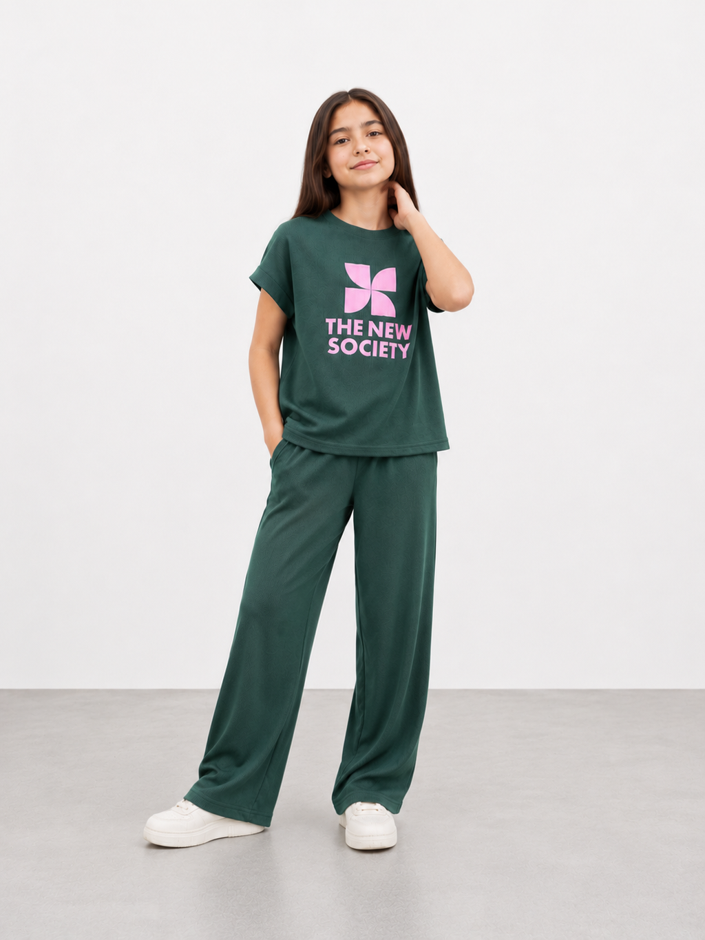 Girls Dark Green Ribbed Co-Ord Set | Graphic T-Shirt & Wide Leg Pants