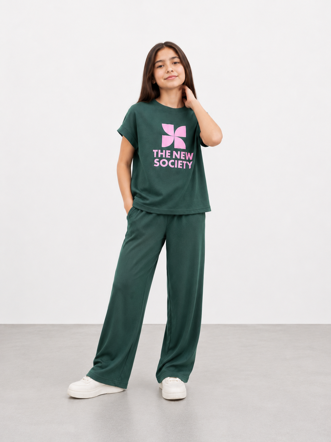 Girls Dark Green Ribbed Co-Ord Set | Graphic T-Shirt & Wide Leg Pants