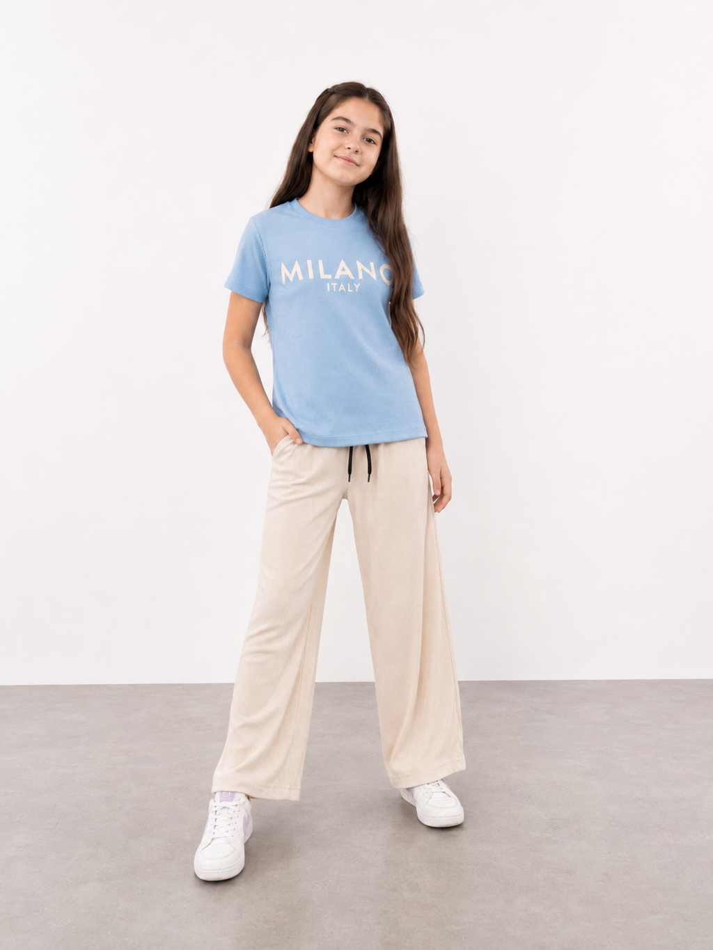 Girls Milano Print Blue T-Shirt & Cream Wide Leg Trouser Set