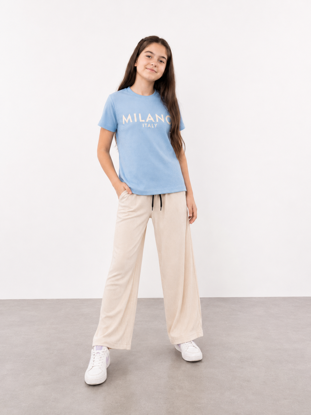 Girls Milano Print Blue T-Shirt & Cream Wide Leg Trouser Set