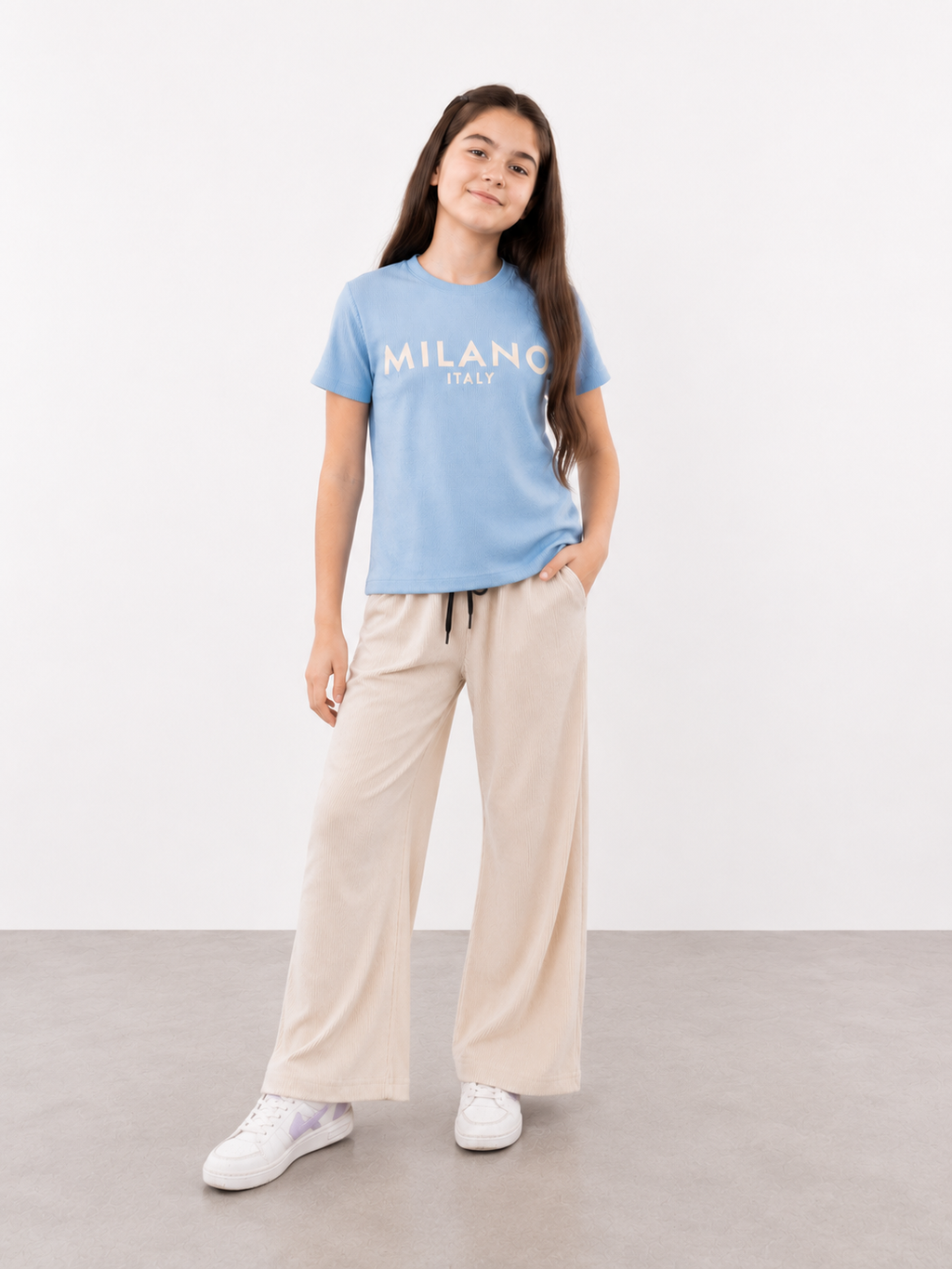 Girls Milano Print Blue T-Shirt & Cream Wide Leg Trouser Set