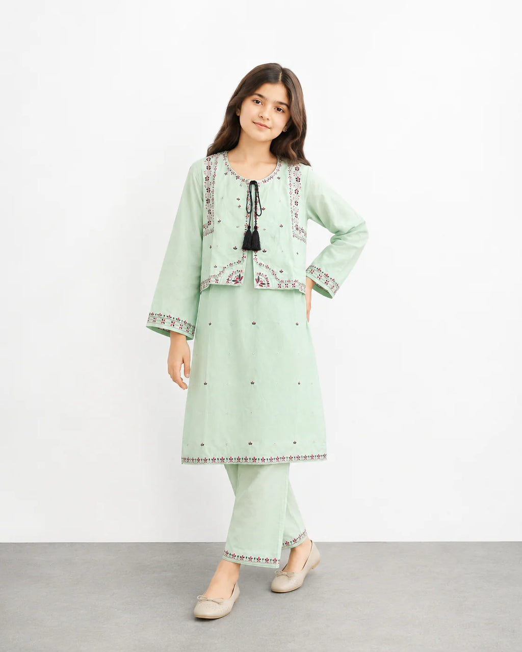 Girls Mint Green Embroidered Koti Suit with Farshi Shalwar | Onion Outfits