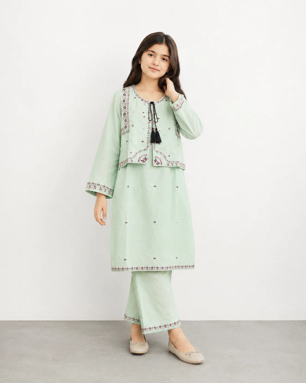 Girls Mint Green Embroidered Koti Suit with Farshi Shalwar | Onion Outfits