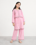 Girls Embroidered Pink Cotton 3 Piece Eastern Suit | Kids Traditional Festive Dress with Trouser & koti