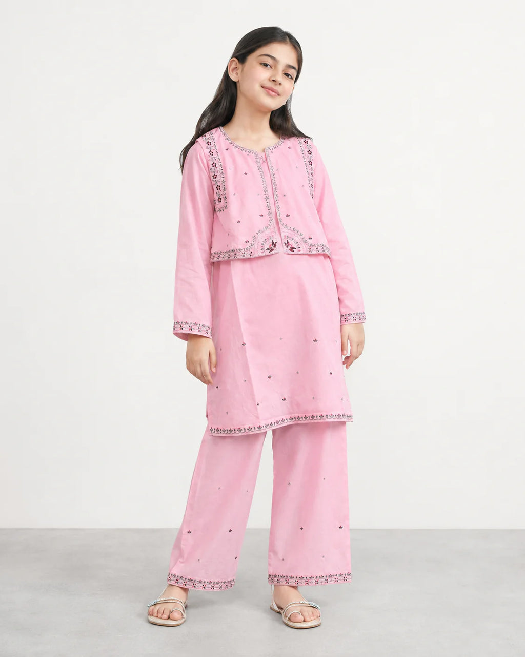 Girls Embroidered Pink Cotton 3 Piece Eastern Suit | Kids Traditional Festive Dress with Trouser & koti