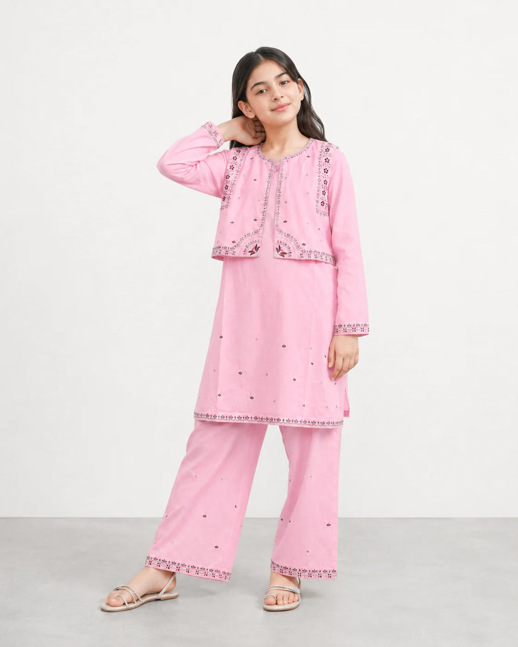 Girls Embroidered Pink Cotton 3 Piece Eastern Suit | Kids Traditional Festive Dress with Trouser & koti