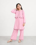 Girls Embroidered Pink Cotton 3 Piece Eastern Suit | Kids Traditional Festive Dress with Trouser & koti