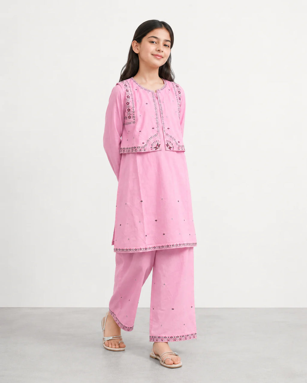 Girls Embroidered Pink Cotton 3 Piece Eastern Suit | Kids Traditional Festive Dress with Trouser & koti