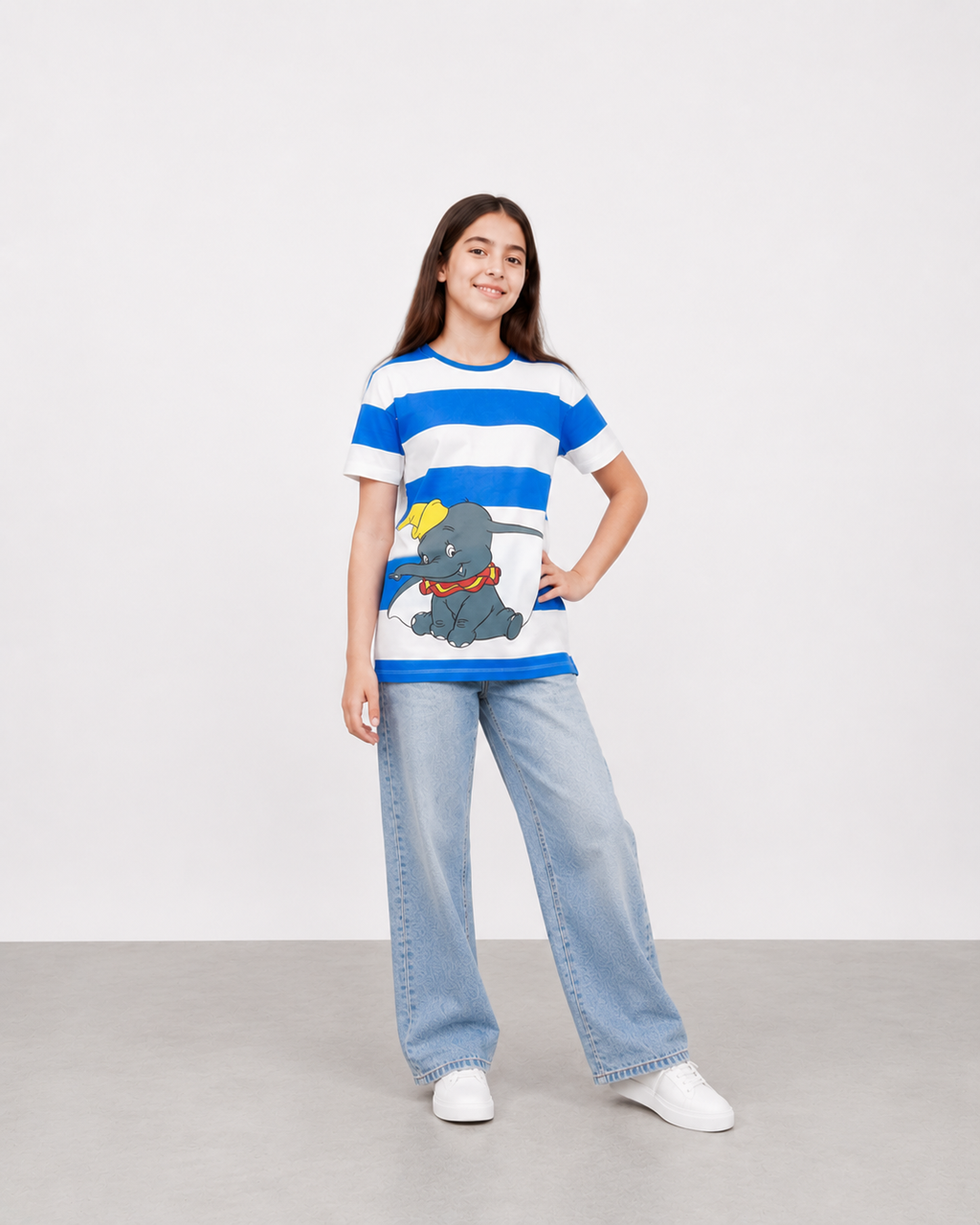 Blue & White Striped Dumbo Graphic Long T-Shirt for Kids | 100% Cotton