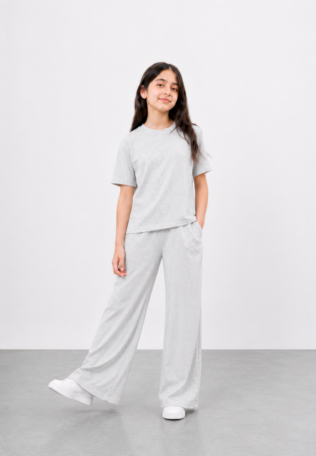 Girls Grey Wide Leg Co-Ord Set | Premium Cotton Rib Lounge Wear