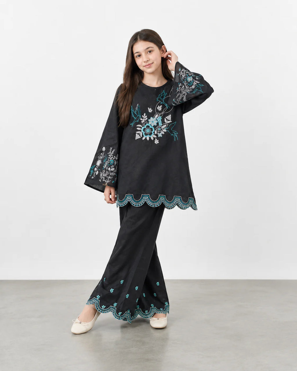 Girls Black Embroidered Kurti Trouser Set – Floral & Bird Design Wide Leg Co-Ord Outfit