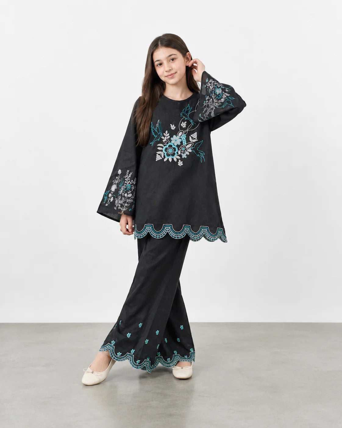 Girls Black Embroidered Kurti Trouser Set – Floral & Bird Design Wide Leg Co-Ord Outfit