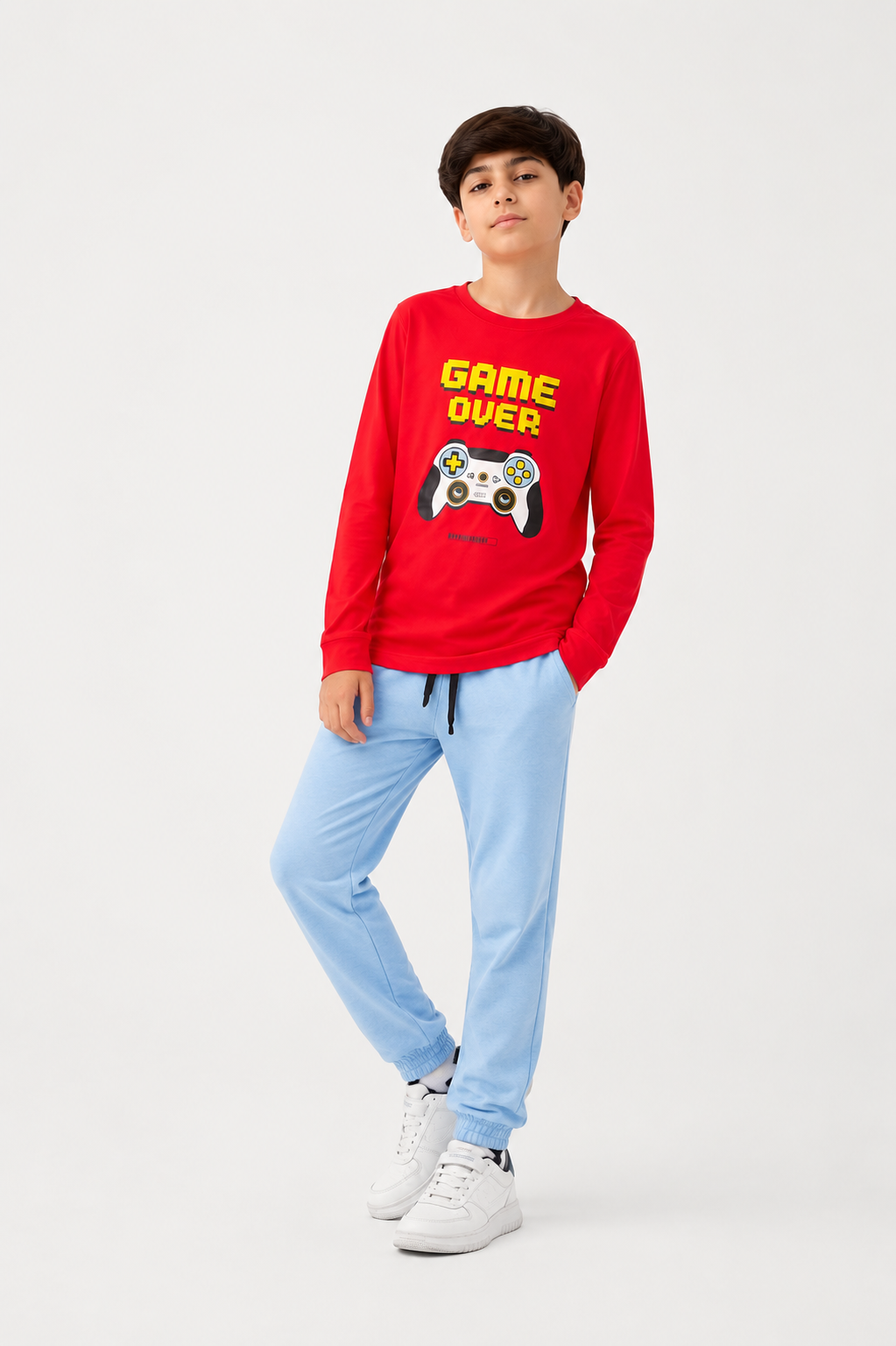 Kids Red Game Over Gaming Printed T-Shirt with Blue Joggers Co-Ord Set