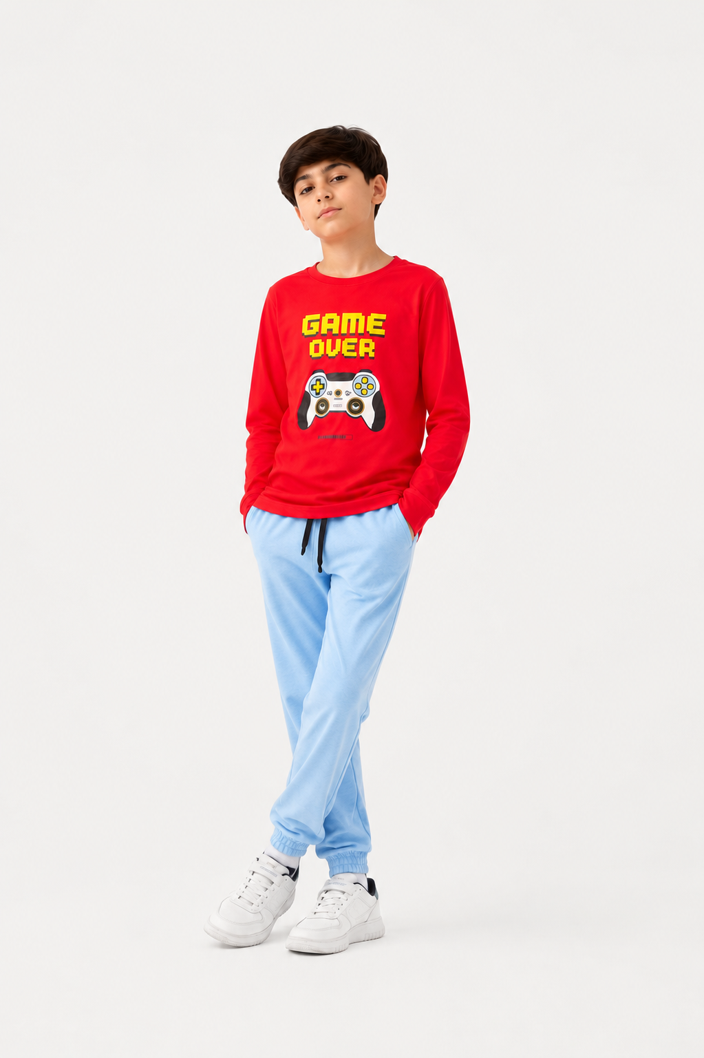 Kids Red Game Over Gaming Printed T-Shirt with Blue Joggers Co-Ord Set