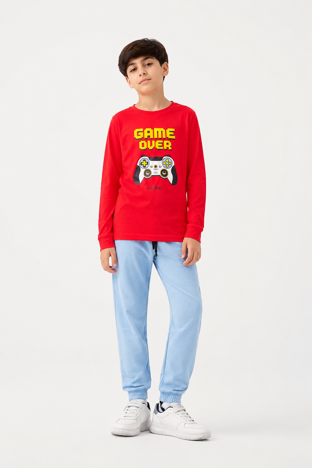 Kids Red Game Over Gaming Printed T-Shirt with Blue Joggers Co-Ord Set