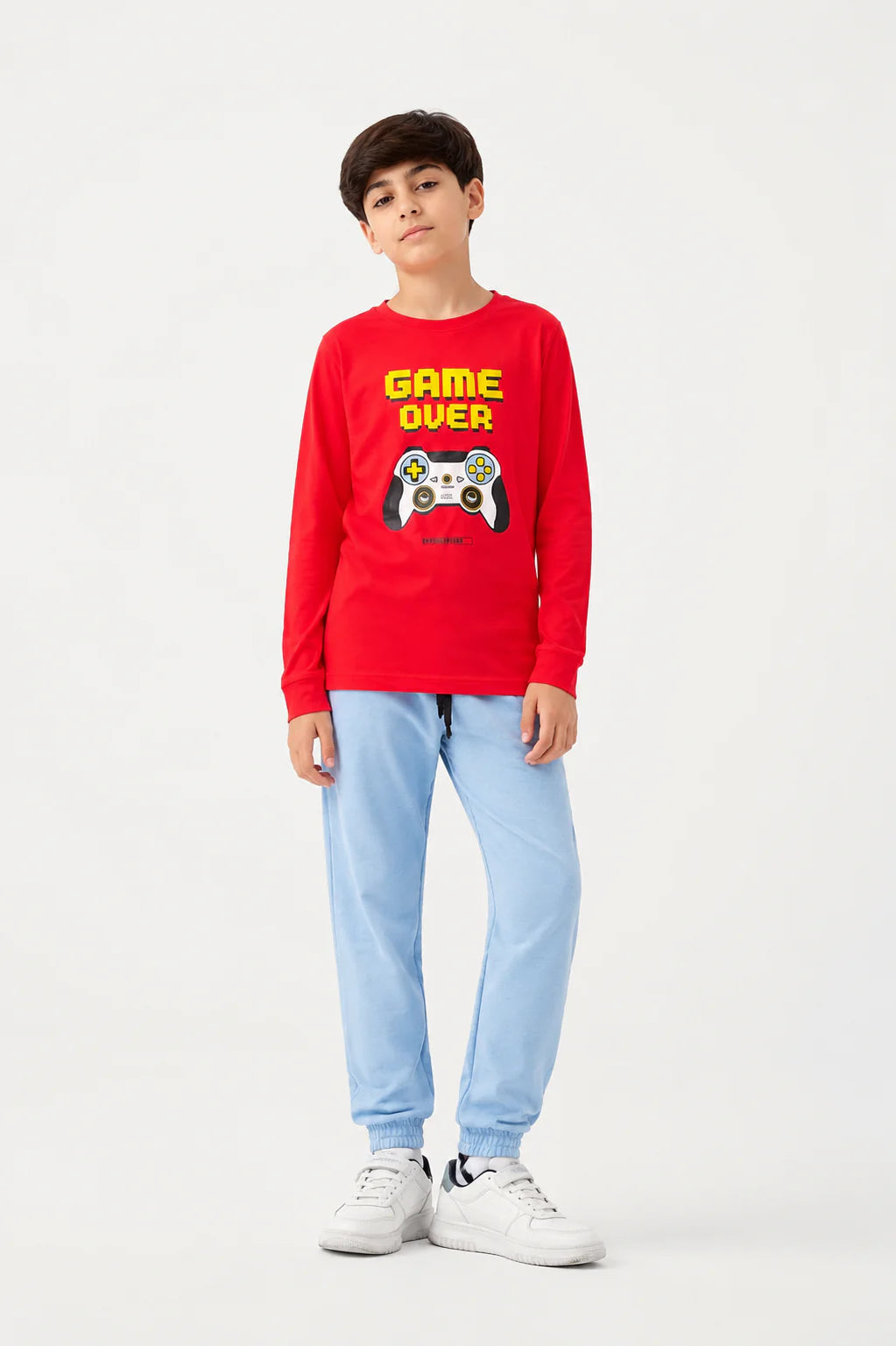 Kids Red Game Over Gaming Printed T-Shirt with Blue Joggers Co-Ord Set