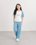 Girls Sky Blue Dinosaur Ribbed Co-Ord Set – Soft Summer T-Shirt & Pants Outfit