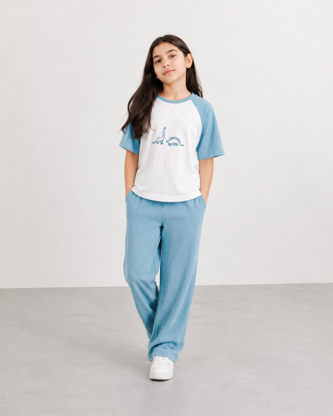 Girls Sky Blue Dinosaur Ribbed Co-Ord Set – Soft Summer T-Shirt & Pants Outfit