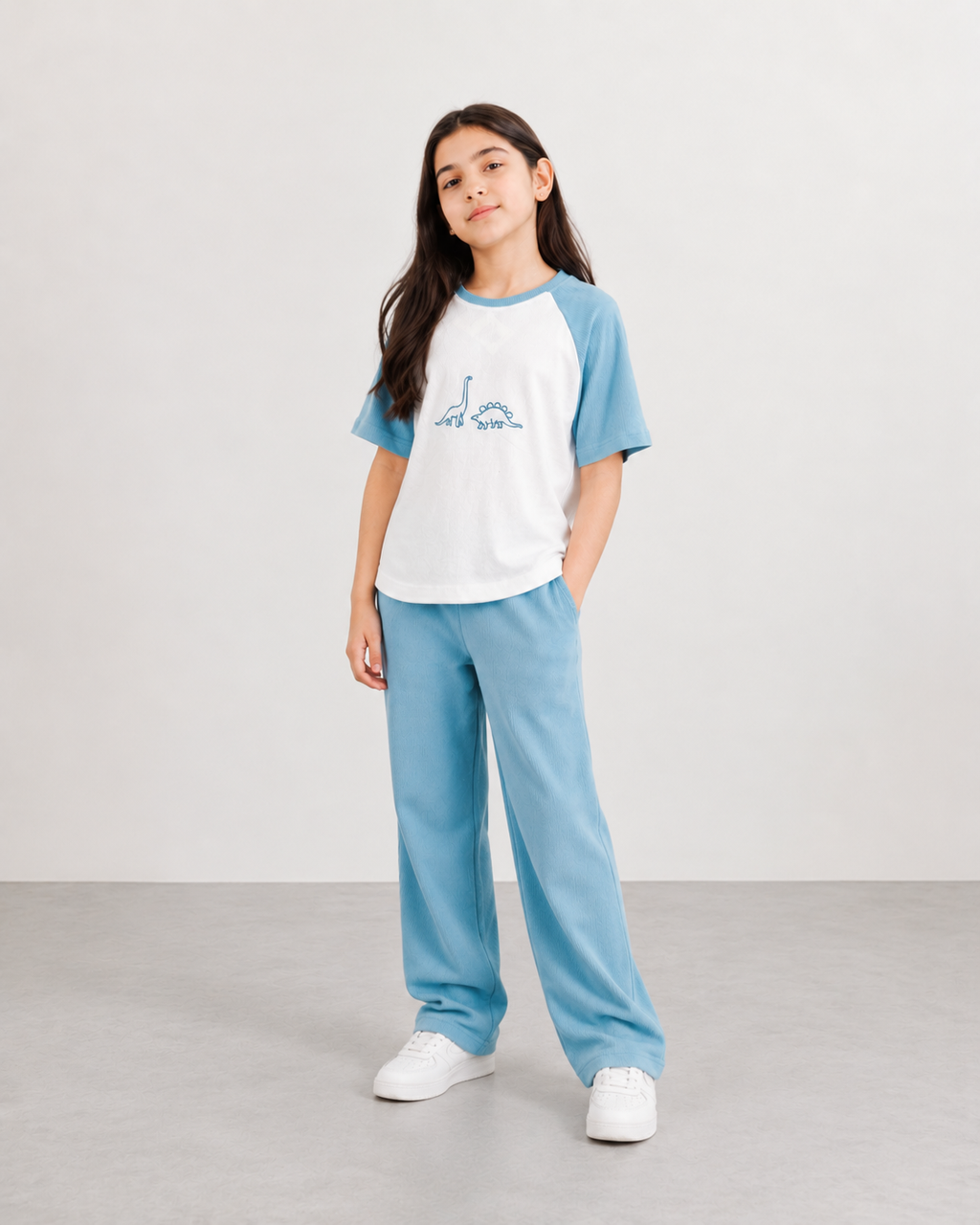 Girls Sky Blue Dinosaur Ribbed Co-Ord Set – Soft Summer T-Shirt & Pants Outfit