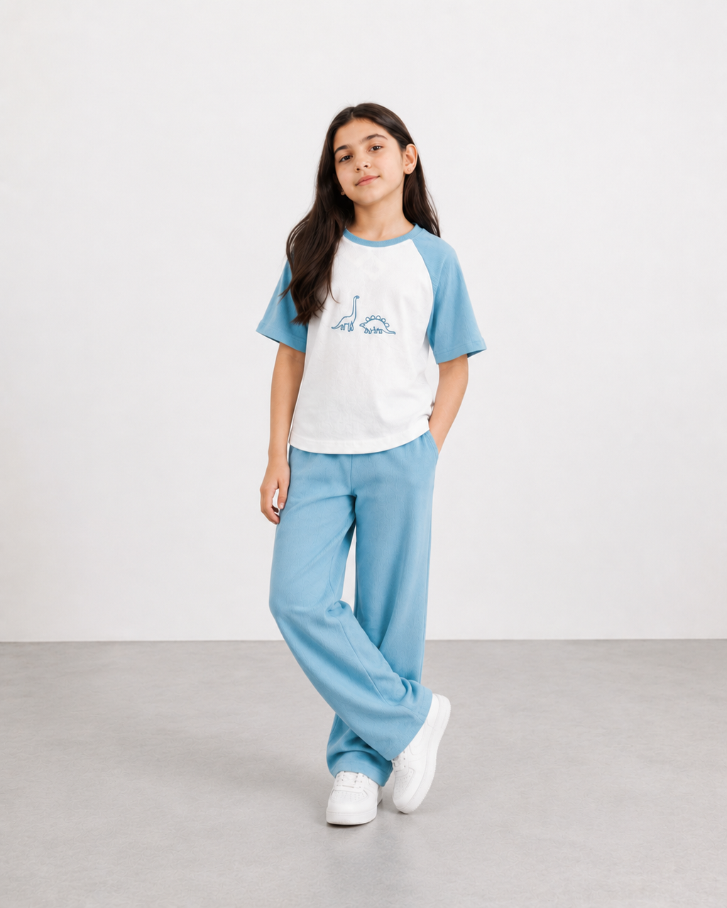 Girls Sky Blue Dinosaur Ribbed Co-Ord Set – Soft Summer T-Shirt & Pants Outfit