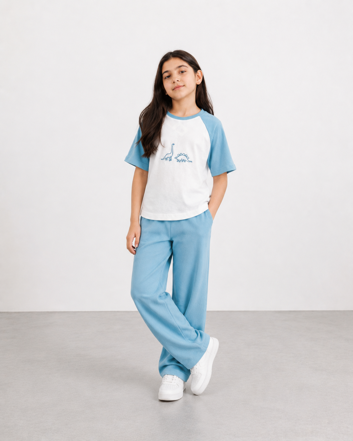Girls Sky Blue Dinosaur Ribbed Co-Ord Set – Soft Summer T-Shirt & Pants Outfit