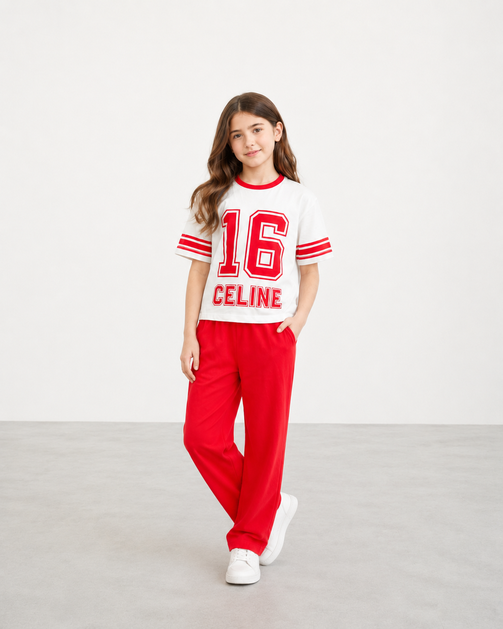 Girls Red & White Graphic Co-Ord Set – Kids Summer T-Shirt & Pants Outfit