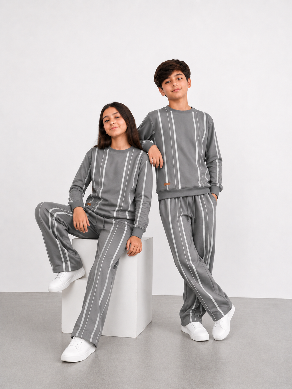 Kids Grey Striped Tracksuit Set | Boys & Girls Sweatshirt & Jogger Set