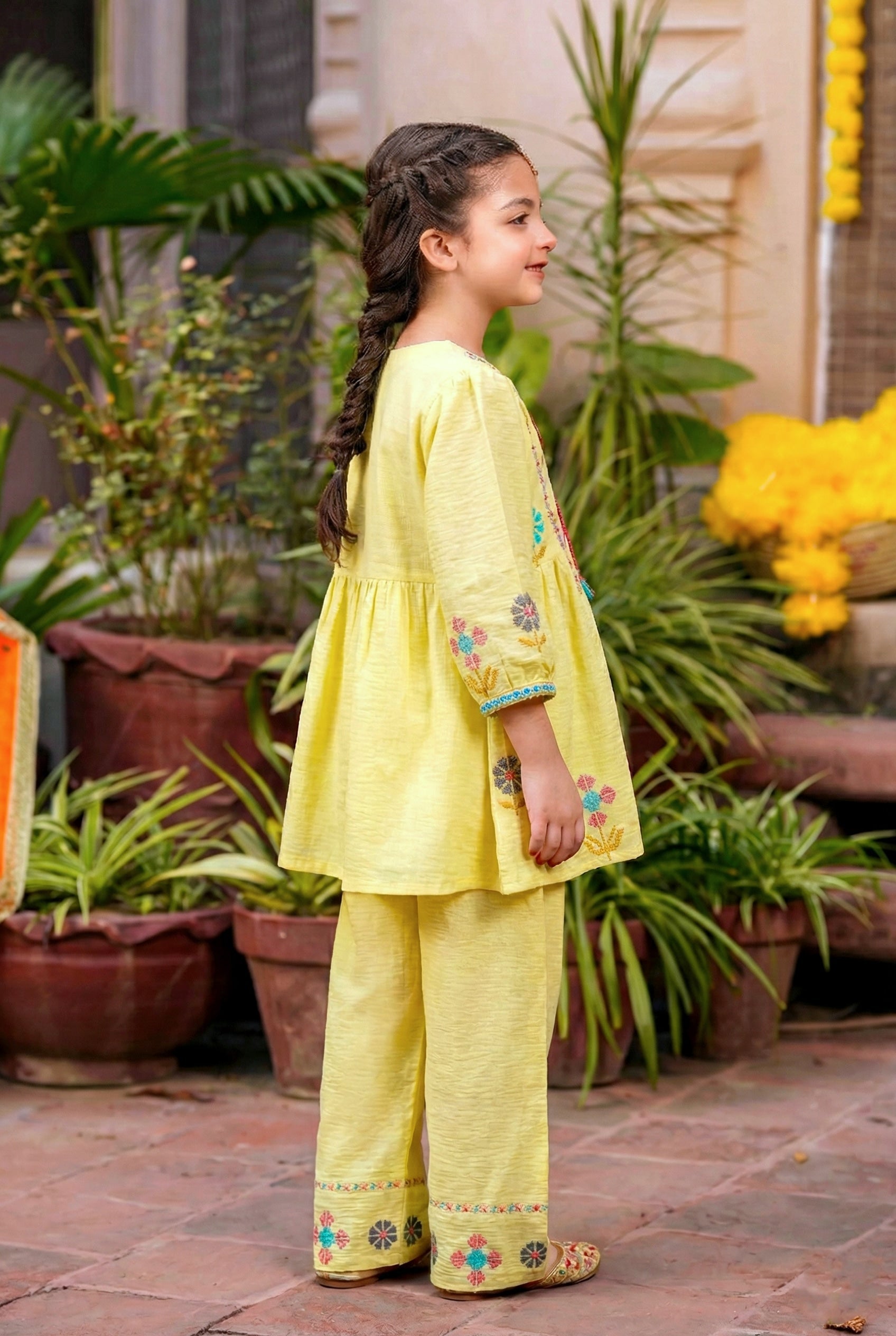 Pastel Yellow Embroidered Kurta & Pant Set for Girls