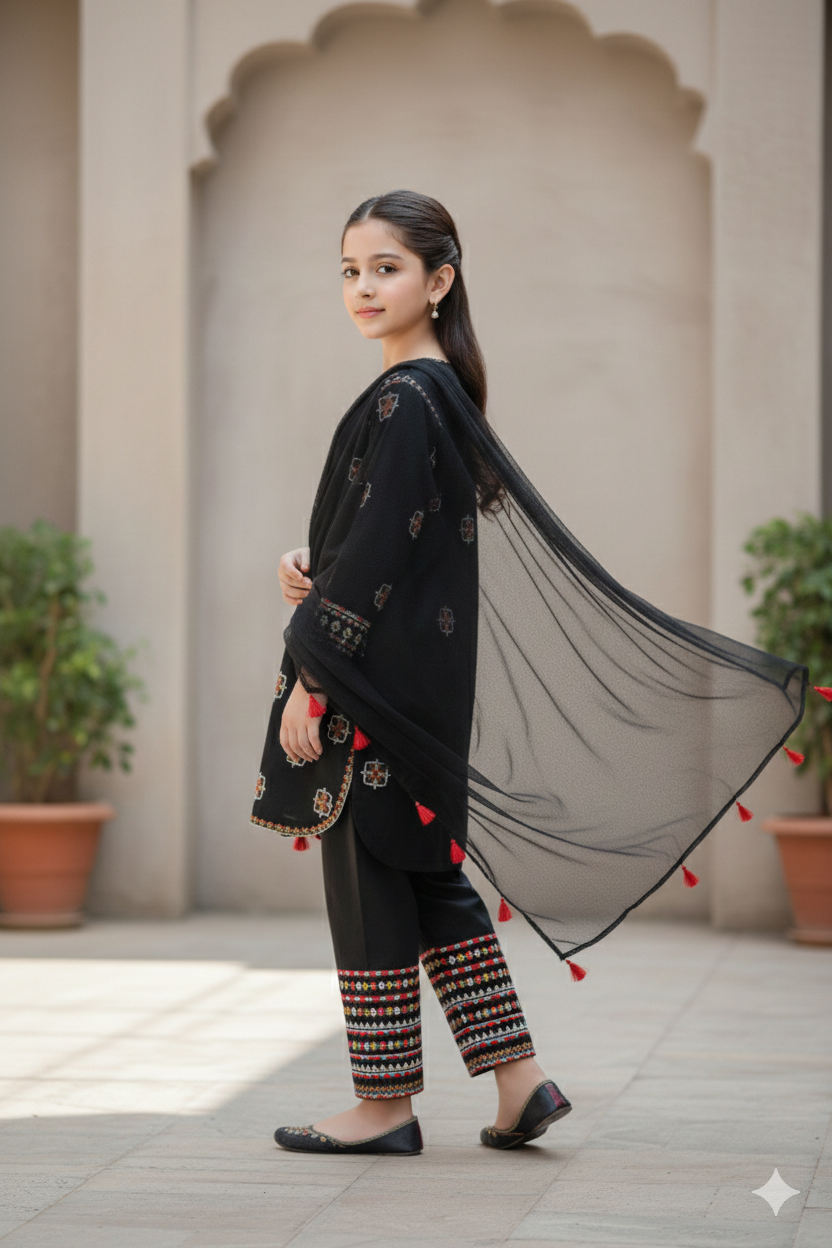Girls Black Cotton Sequin Embroidered Ethnic Suit with Net Dupatta – Festive & Party Wear