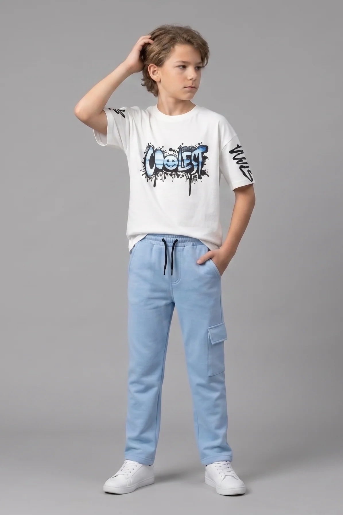Boys “Coolest” Graphic T-Shirt & Blue Joggers Set – Stylish Casual Kids Wear