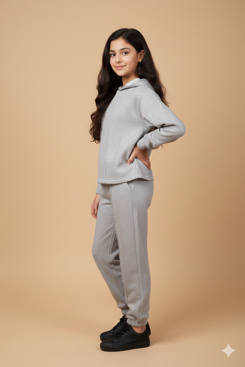 Light Grey Fleece Hoodie Suit for Kids | Cozy Winter 2-Piece Set