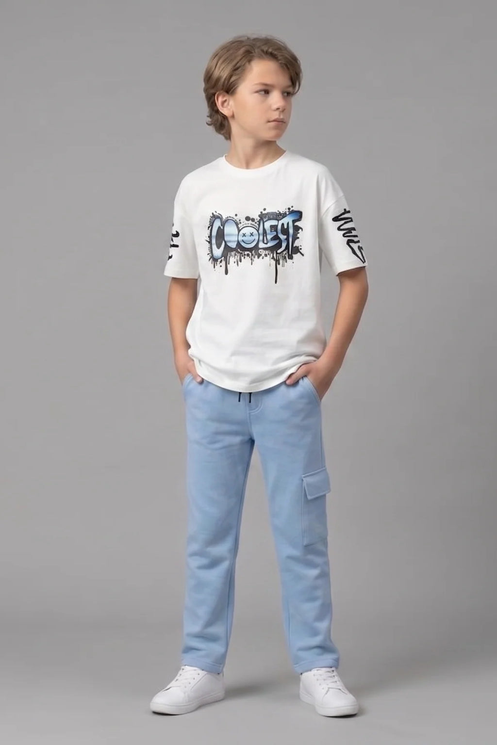 Boys “Coolest” Graphic T-Shirt & Blue Joggers Set – Stylish Casual Kids Wear