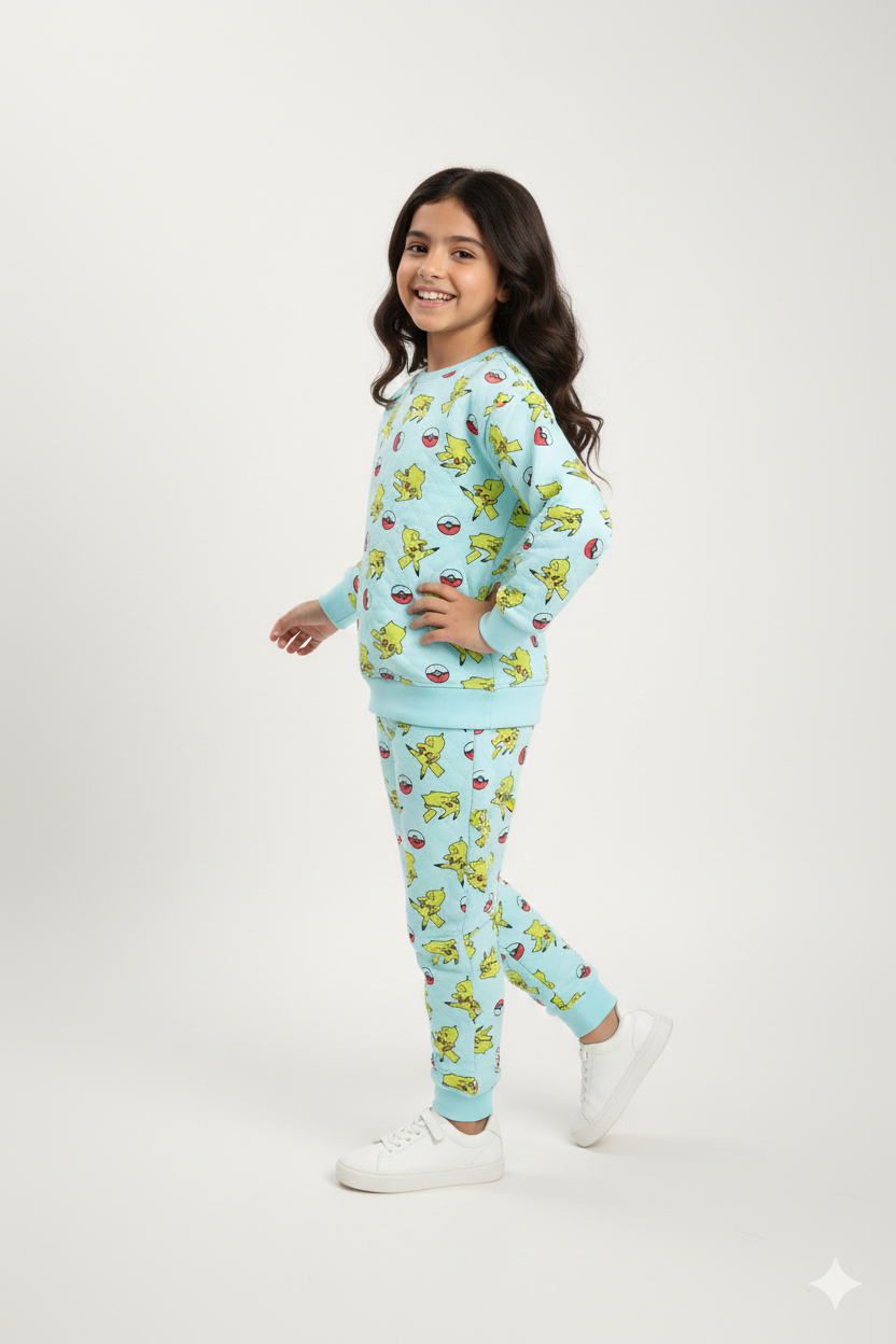 Pikachu Printed Kids Fleece Suit | Warm Winter Tracksuit for Girls