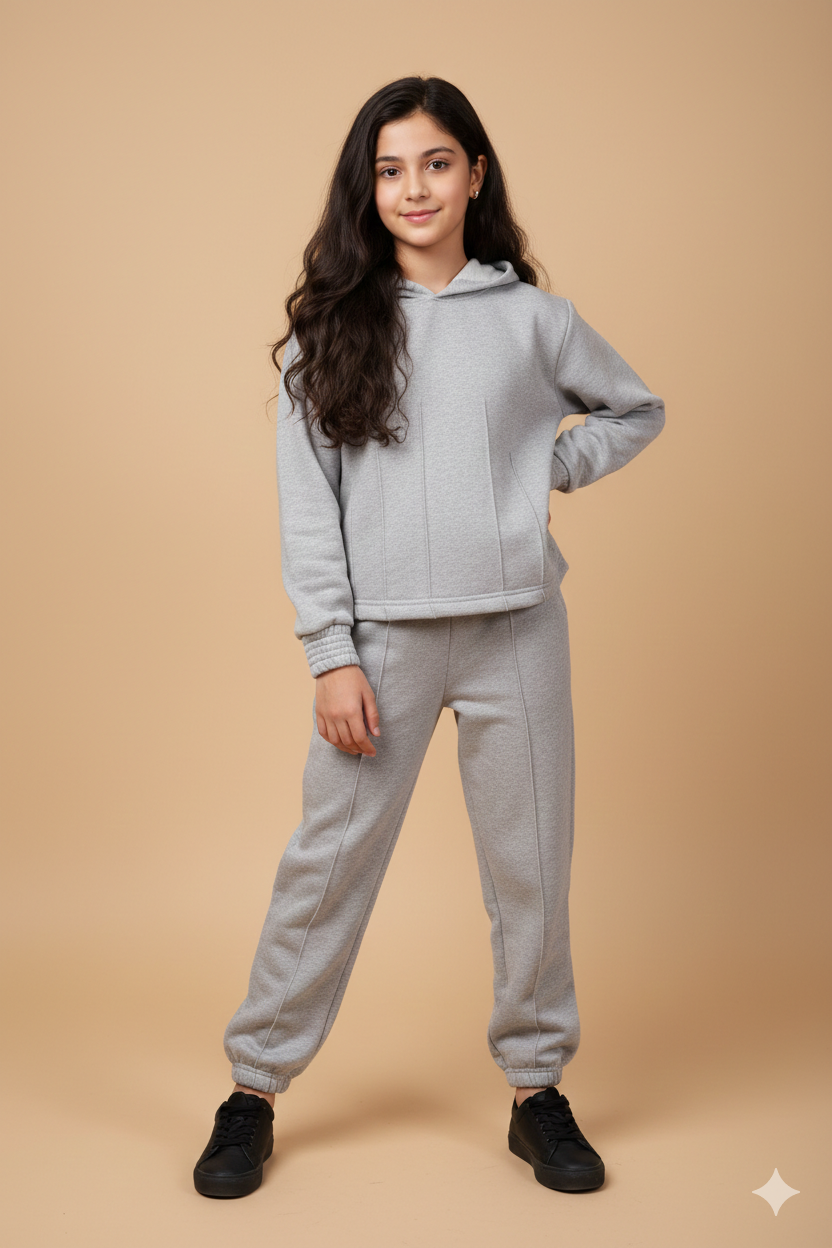 Light Grey Fleece Hoodie Suit for Kids | Cozy Winter 2-Piece Set