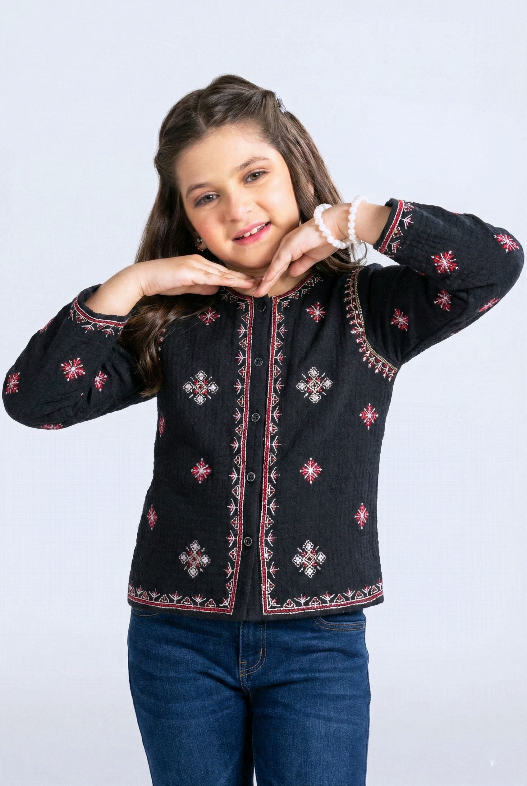 Black Jacquard Embroidered top – Elegant Winter Wear for Girls