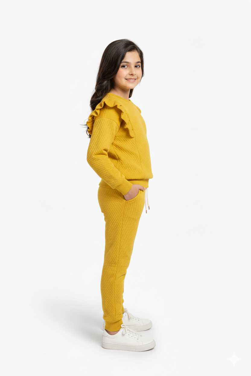 Cherry yellow Quilted Ruffle Suit for Girls | Winter 2-Piece Set