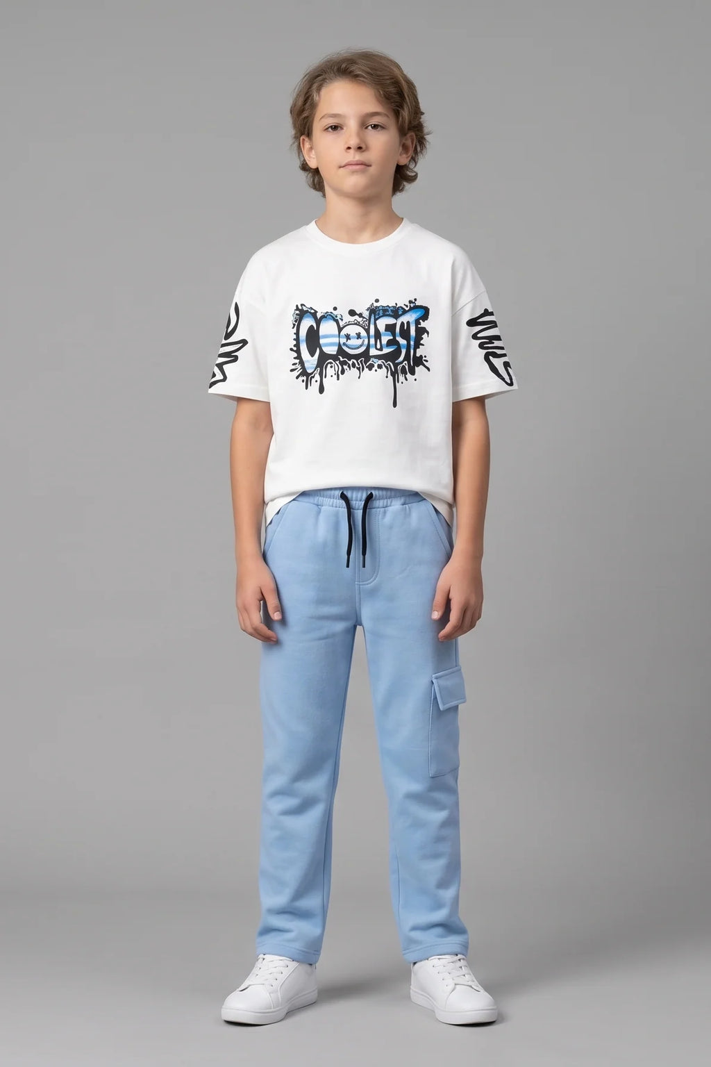 Boys “Coolest” Graphic T-Shirt & Blue Joggers Set – Stylish Casual Kids Wear