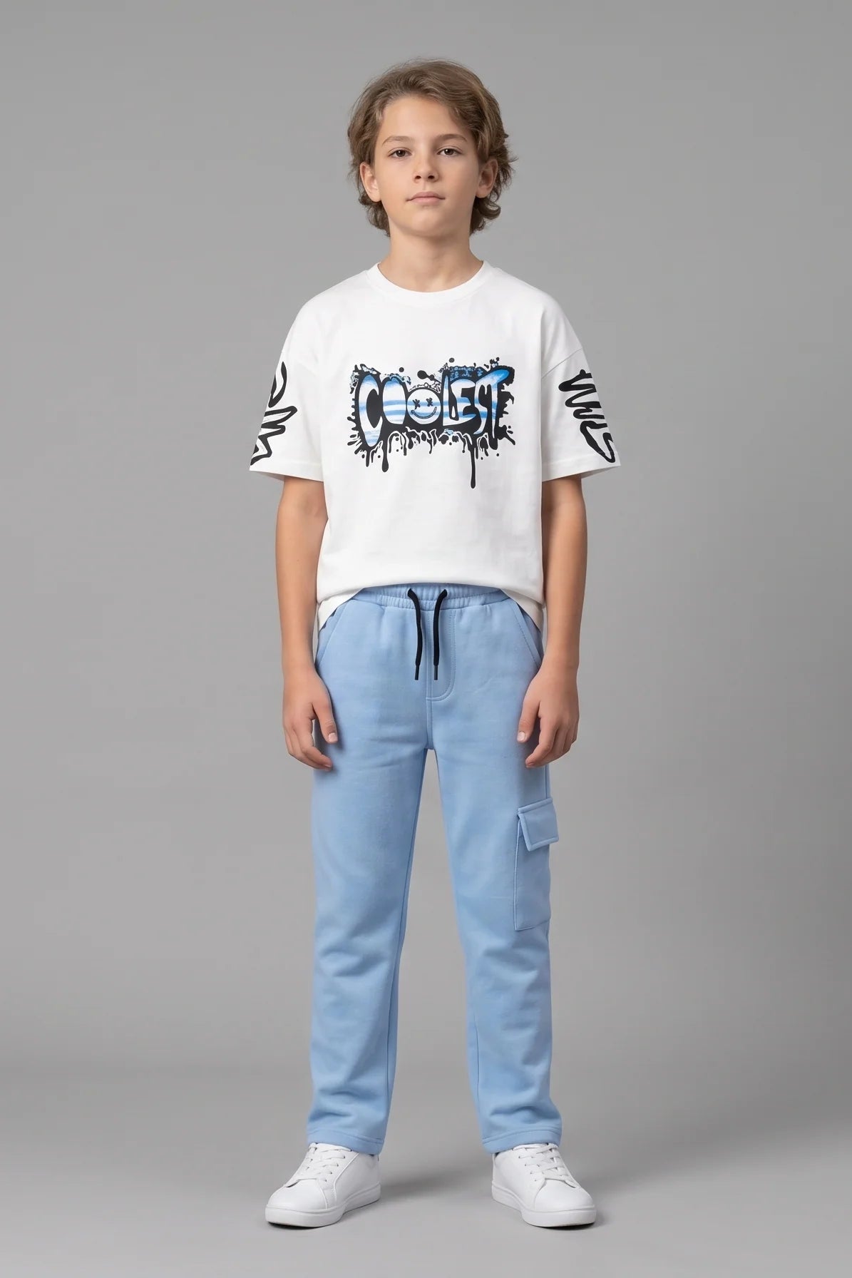 Boys “Coolest” Graphic T-Shirt & Blue Joggers Set – Stylish Casual Kids Wear