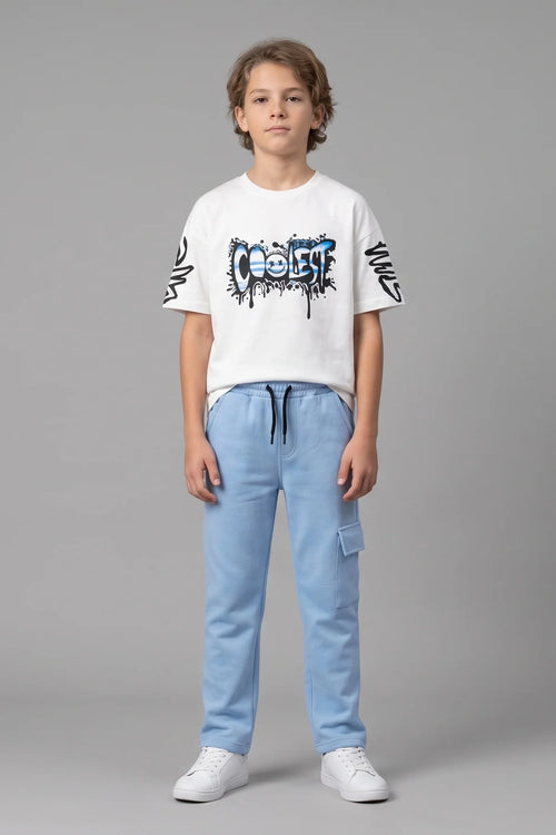 Boys “Coolest” Graphic T-Shirt & Blue Joggers Set – Stylish Casual Kids Wear
