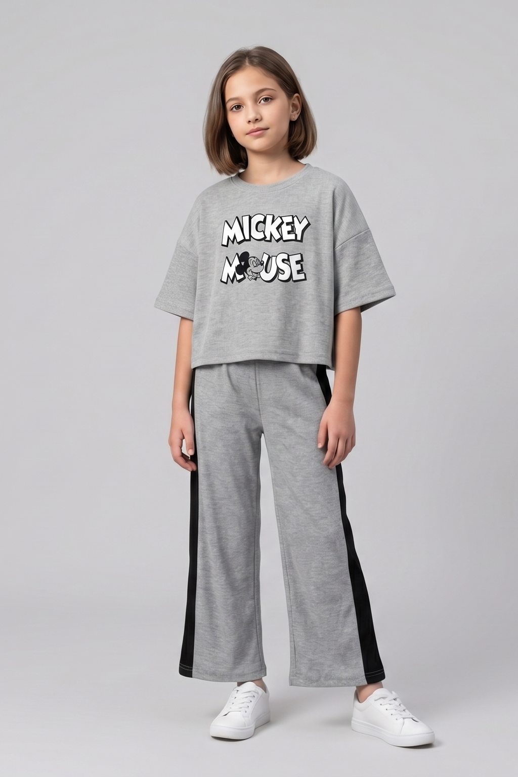 Girls Casual Grey Mickey Mouse Lounge Set with Side Stripe Trousers