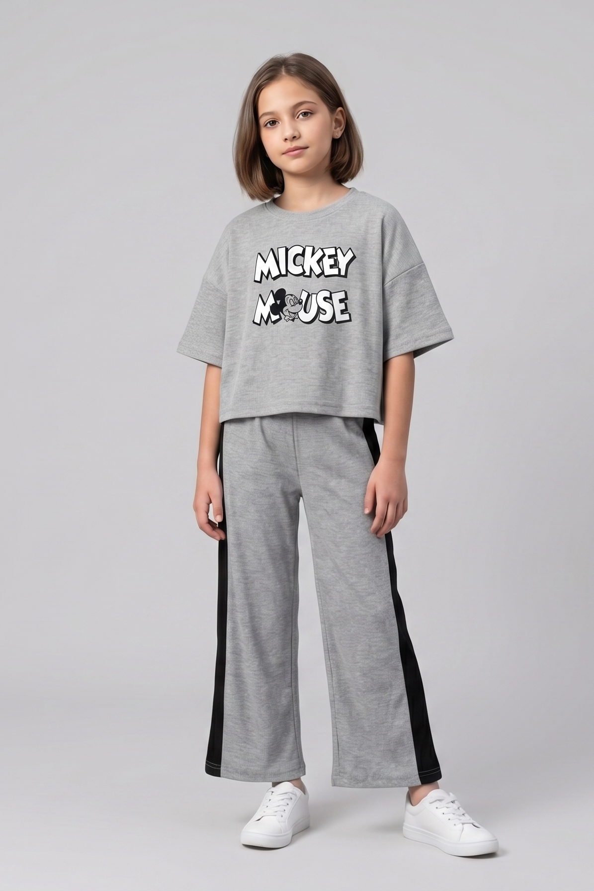 Girls Casual Grey Mickey Mouse Lounge Set with Side Stripe Trousers