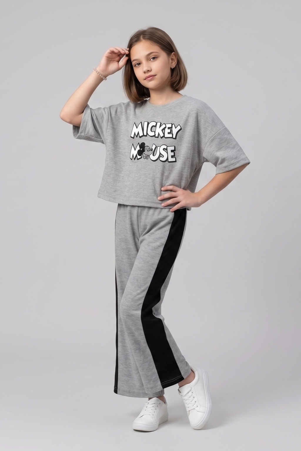 Girls Casual Grey Mickey Mouse Lounge Set with Side Stripe Trousers