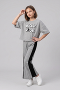 Girls Casual Grey Mickey Mouse Lounge Set with Side Stripe Trousers