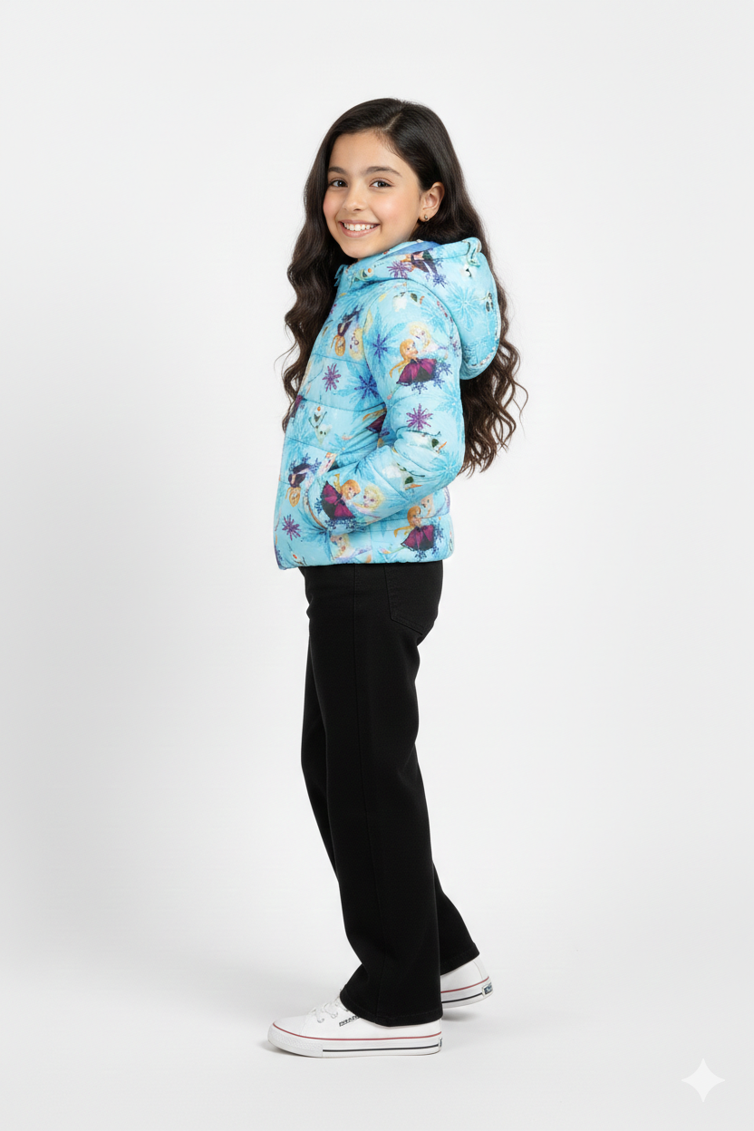 Frozen Kids Puffer Jacket | Winter Hooded Coat with Elsa, Anna & Olaf Print