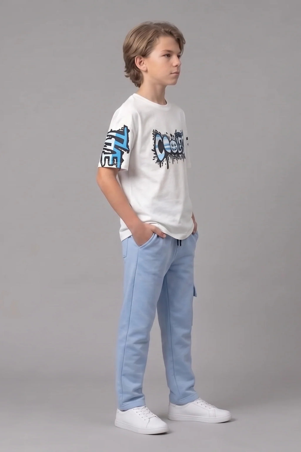 Boys “Coolest” Graphic T-Shirt & Blue Joggers Set – Stylish Casual Kids Wear