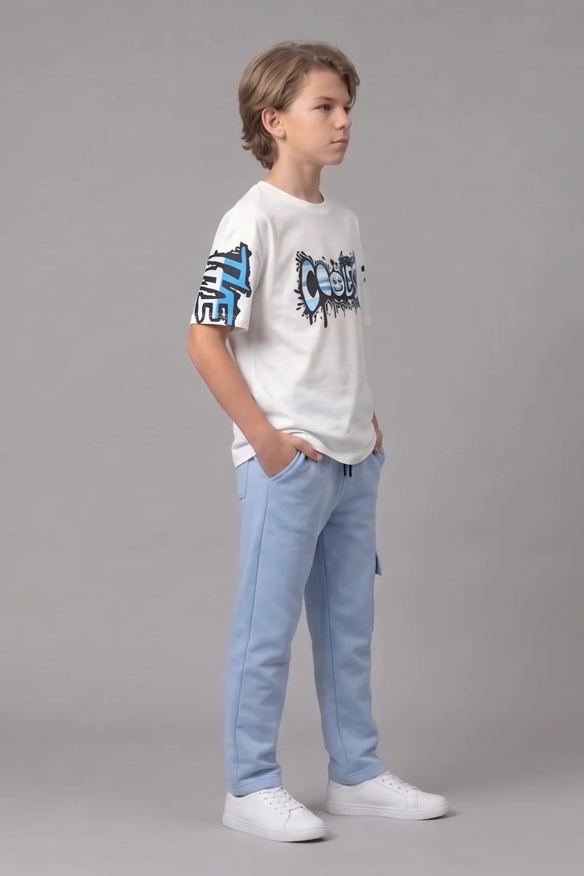 Boys “Coolest” Graphic T-Shirt & Blue Joggers Set – Stylish Casual Kids Wear