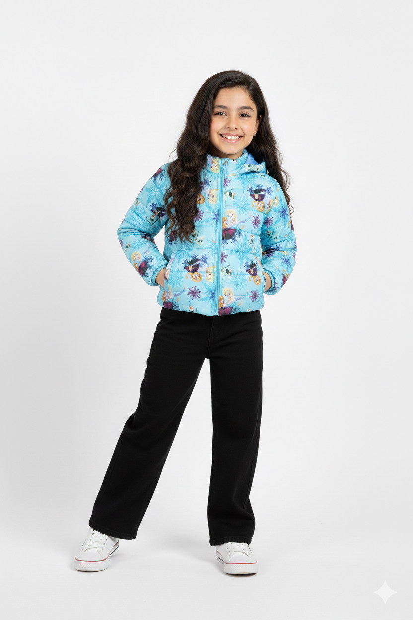 Frozen Kids Puffer Jacket | Winter Hooded Coat with Elsa, Anna & Olaf Print