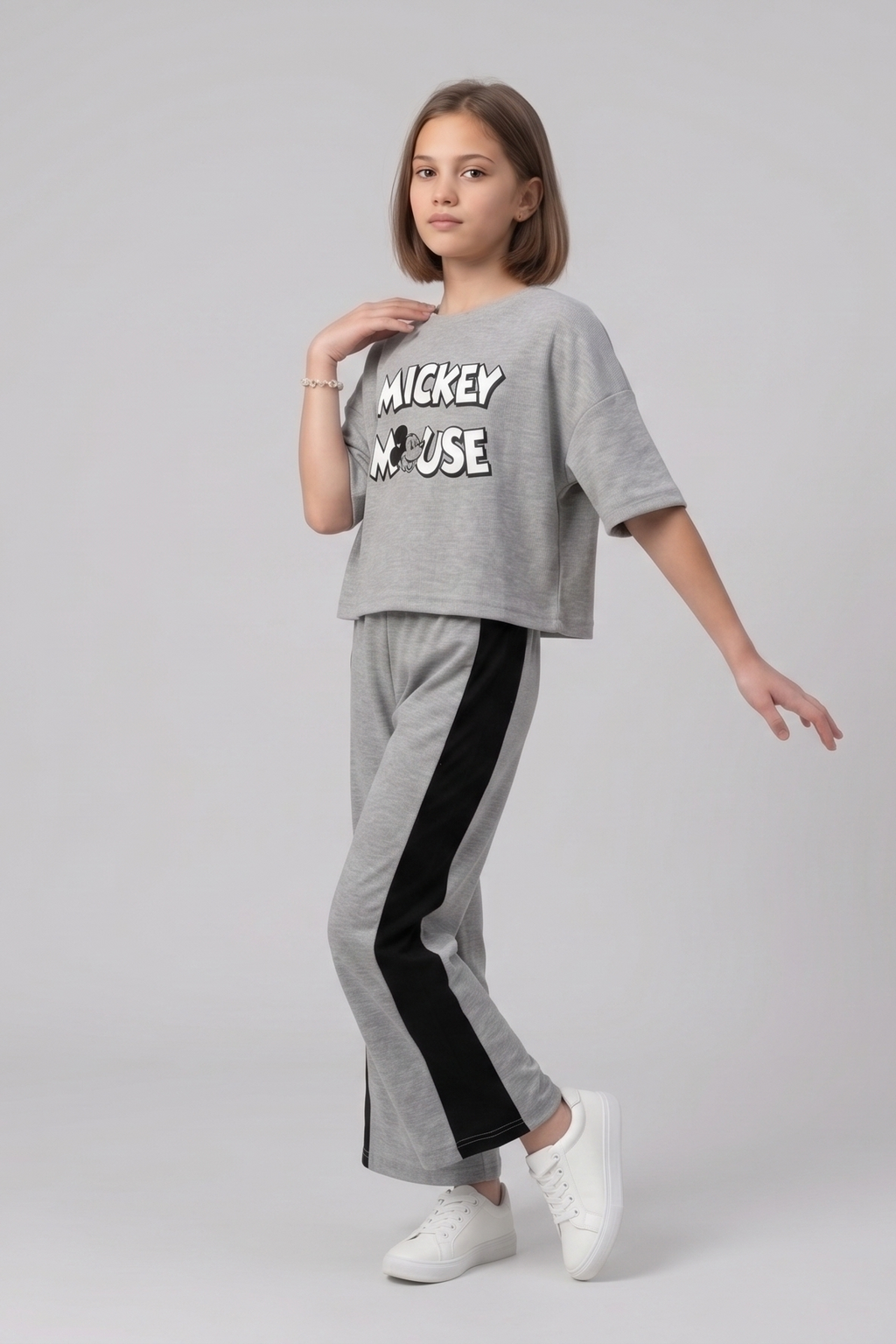 Girls Casual Grey Mickey Mouse Lounge Set with Side Stripe Trousers
