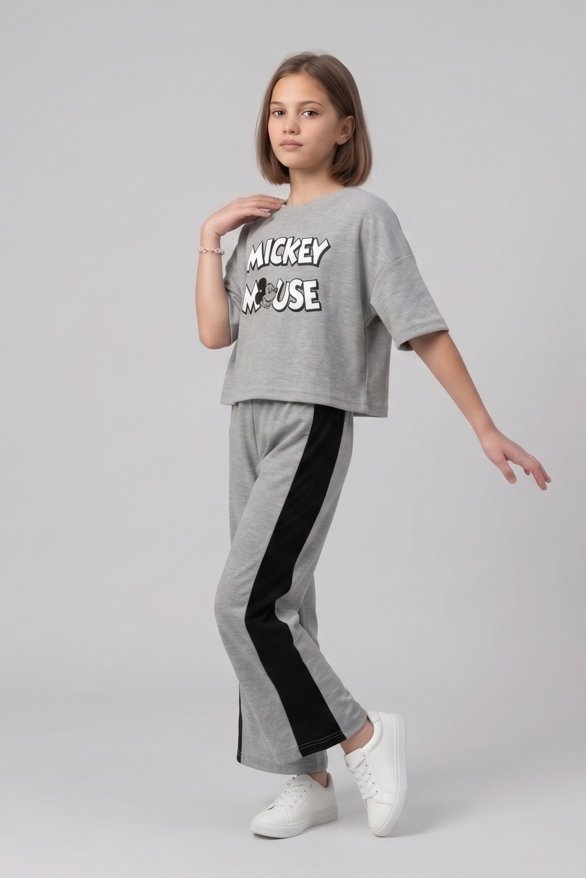 Girls Casual Grey Mickey Mouse Lounge Set with Side Stripe Trousers